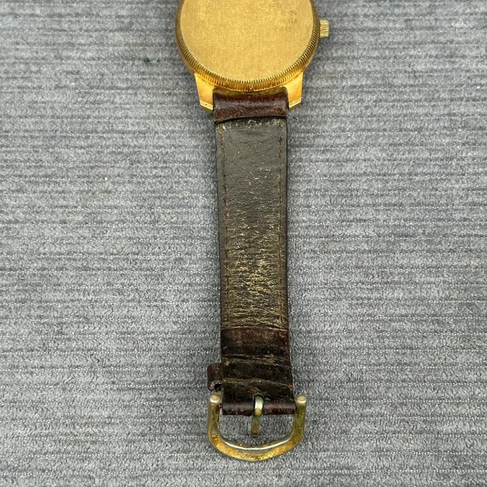 Vintage Military Field Watch Gold Tone Black Dial Japan Movt Brown Leather Strap